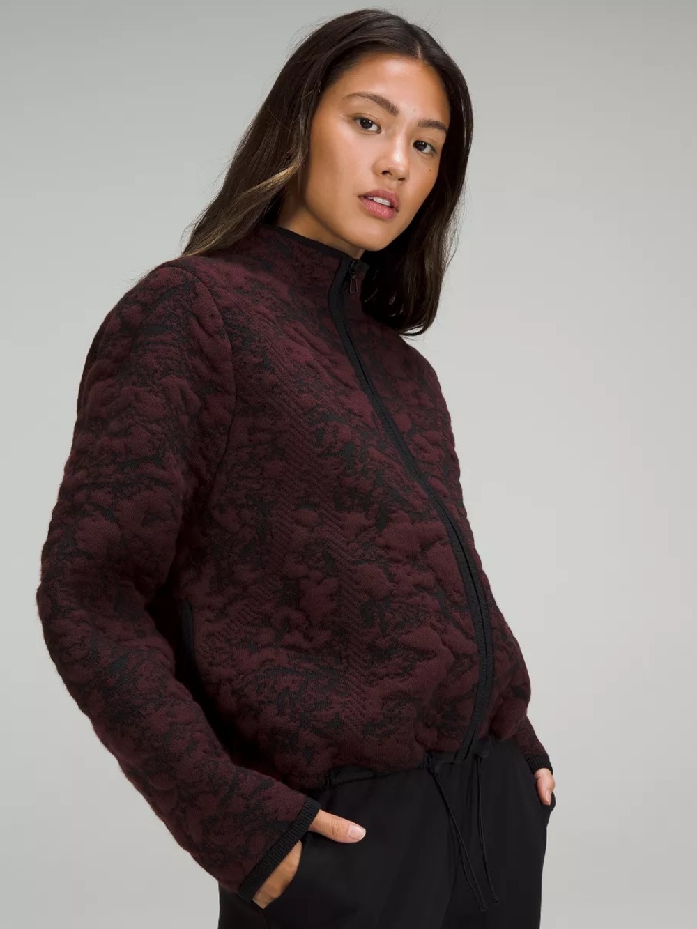New Lululemon Jacquard Multi-Texture Sweater Jacket size 2 
Red Merlot / Black